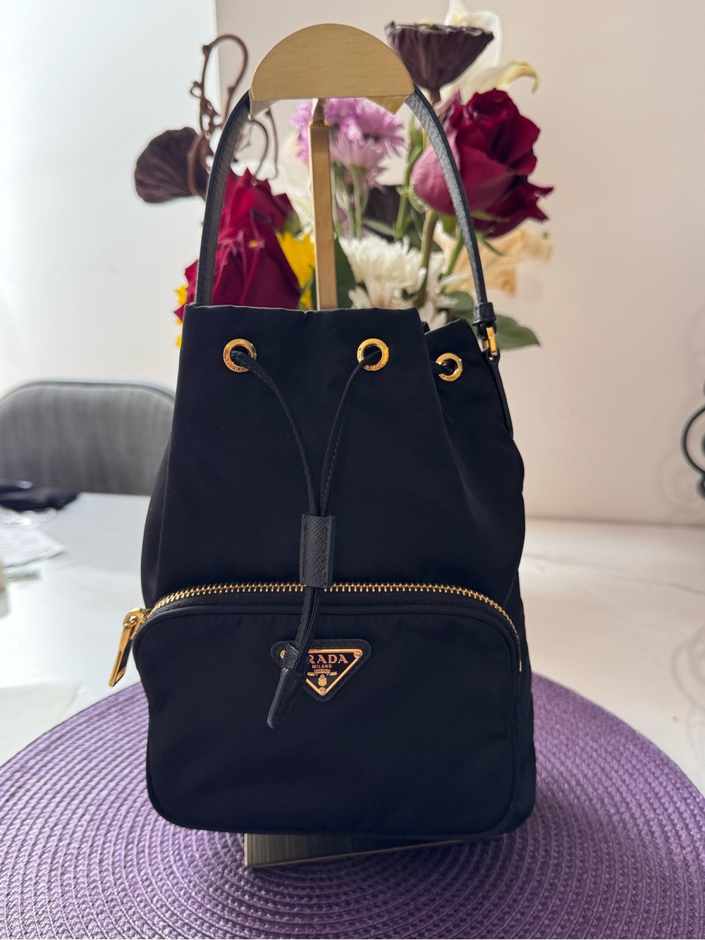 Prada Black Nylon Drawstring Bucket handbag with Gold Hardware